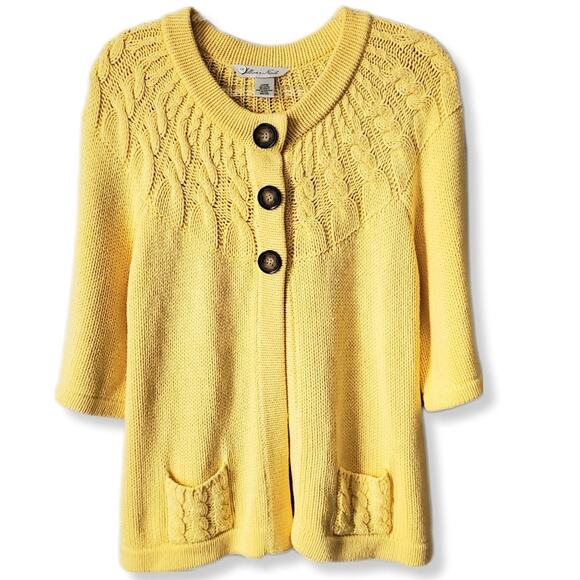 Women Chunky Yellow Cable Cardigan Sweater L Grannycore Cottage Pastel Twee - Picture 1 of 9